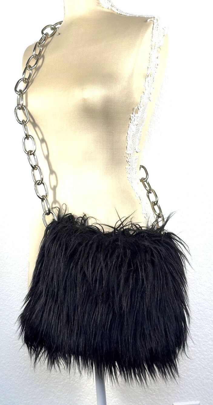 Widow Dolls Kill Black Shaggy Faux Fur Chain Shoulder Crossbody Bag Goth Y2K Emo
